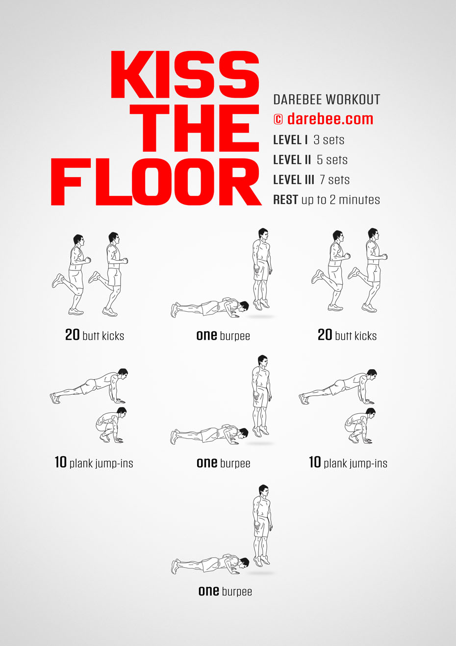 Kiss The Floor is a Darebee home-fitness no-equipment cardiovascular and aerobic workout that will leave you gasping for breath. 