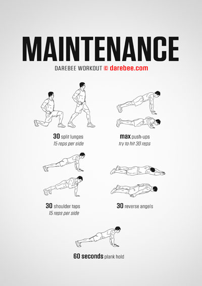 Maintenance is a DAREBEE home fitness no-equipment, total body workout that takes approximately five minutes to complete and will help you maintain your fitness.