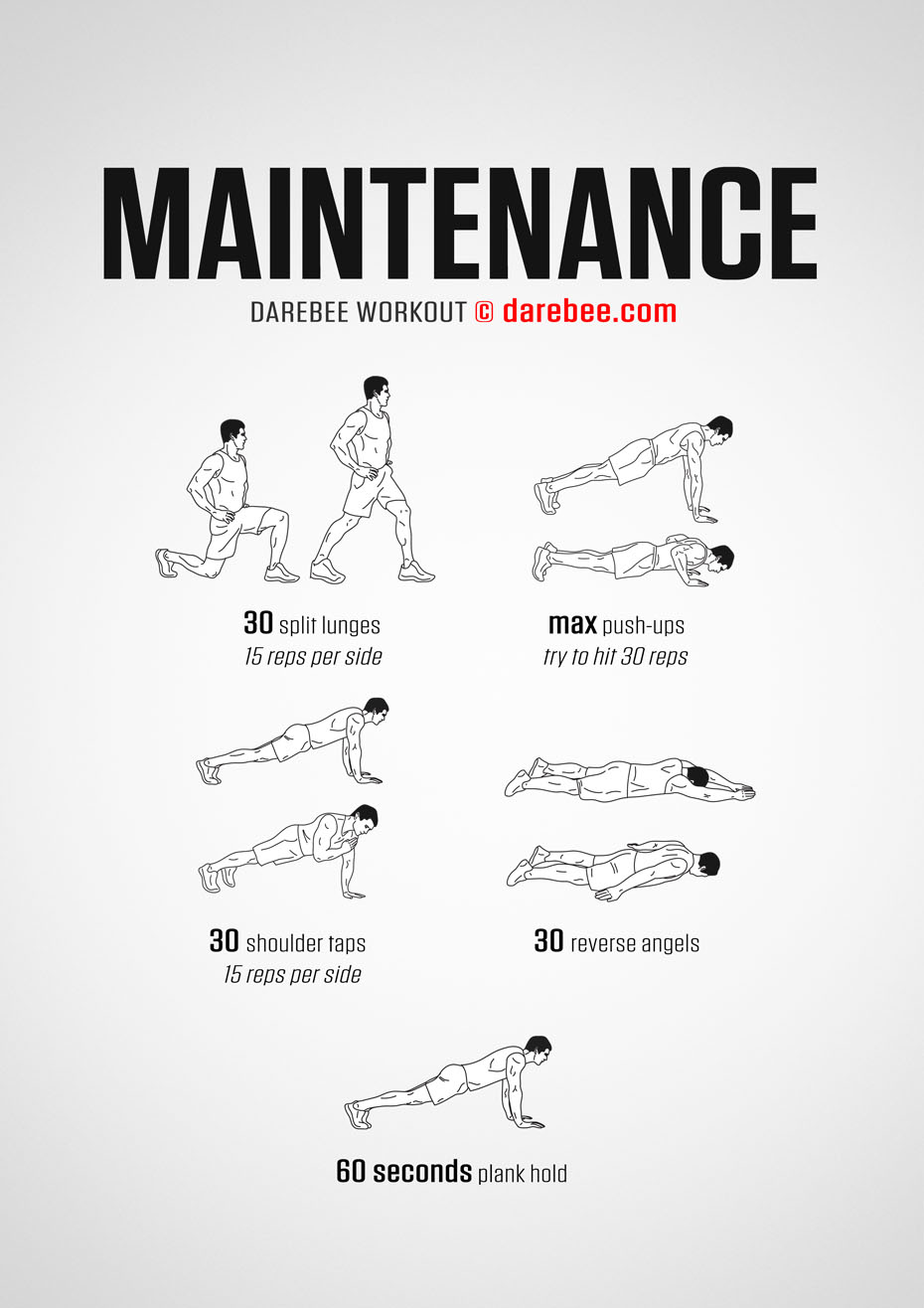 Maintenance is a DAREBEE home fitness no-equipment, total body workout that takes approximately five minutes to complete and will help you maintain your fitness.