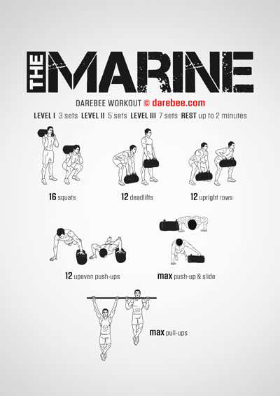 The Marine is a Darebee home-fitness, difficulty level IV, full-body, strength workout that will help you level up.