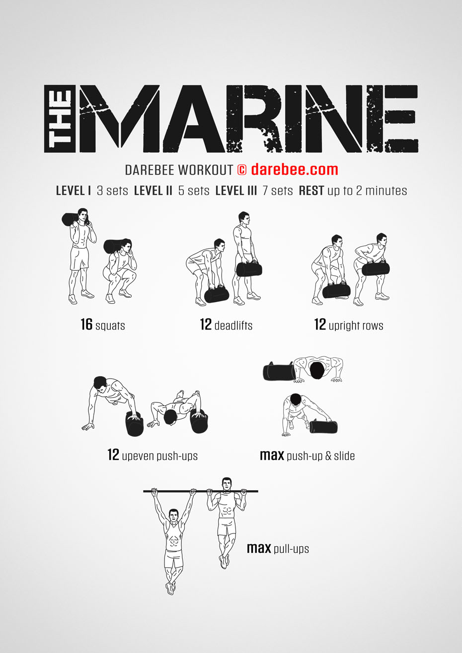 The Marine is a Darebee home-fitness, difficulty level IV, full-body, strength workout that will help you level up.