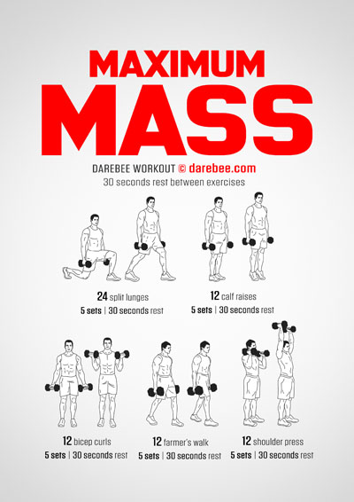 Maximum Mass is a DAREBEE home fitness dumbbells workout that uses a set of weights to help you develop great bone strength and good mental health.