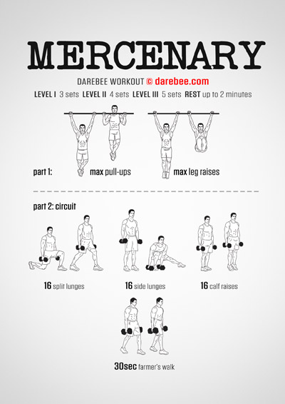 Mercenary is a DAREBEE home fitness strength-building workout that requires a pull-up bar and some dumbbells for that total in-house strength-building experience.