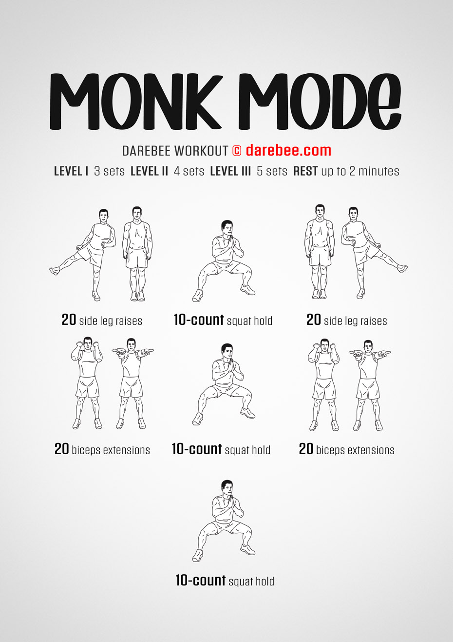 Monk Mode is a DAREBEE home fitness, no-equipment total body strength home workout.