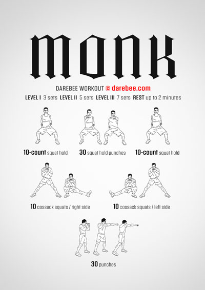 Monk is a DAREBEE home fitness no-equipment total body strength and tone workout with a significant cardiovascular component.
