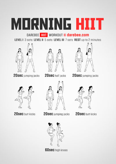 Morning HIIT is a DAREBEE home fitness no-equipment High Intensity Interval Training (HIIT) workout that will make you feel really good.