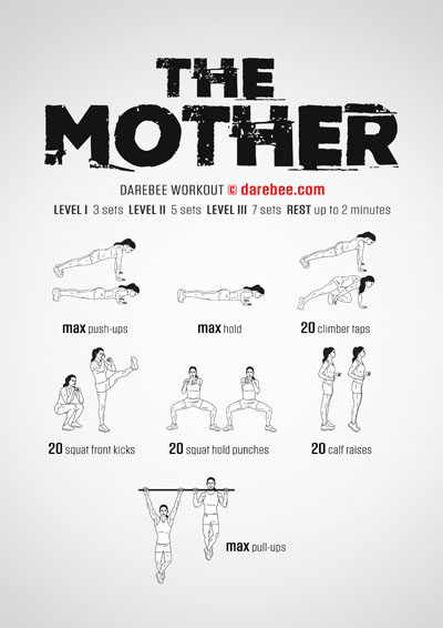 The Mother is a DAREBEE home fitness strength and tone workout that uses bodyweight and equipment to target strength building throughout the body.