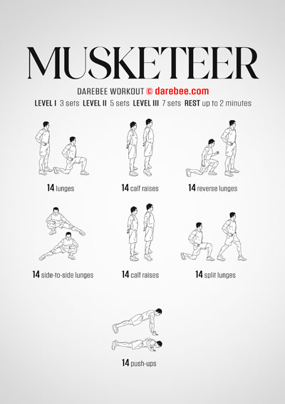 Musketeer is a DAREBEE home fitness, no-equipment bodyweight workout that will help you become fast, strong and agile, just like a Musketeer..