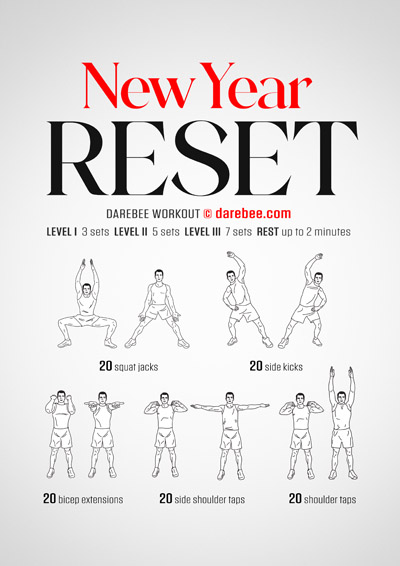 New Year Reset is a DAREBEE total body no-equipment functional strength workout aimed at activating he entire body to establish baseline fitness targets.