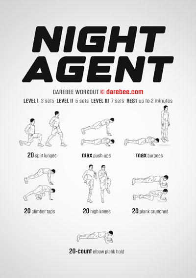 Night Agent is a Darebee home-fitness full-body functional strength and endurance workout.