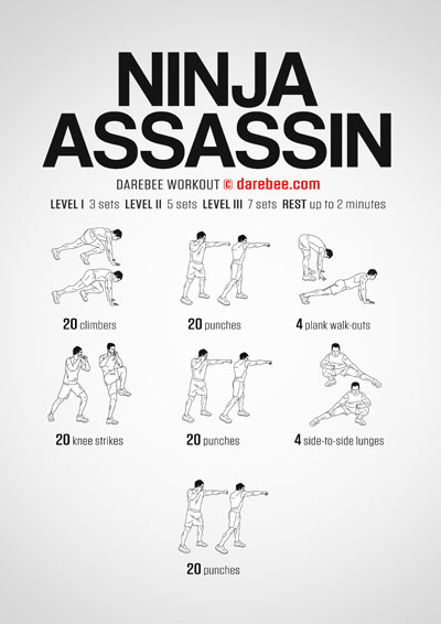 Ninja Assassin is a Darebee home-fitness martial-arts and combat moves based workout that helps you have greater control of your body and mind.