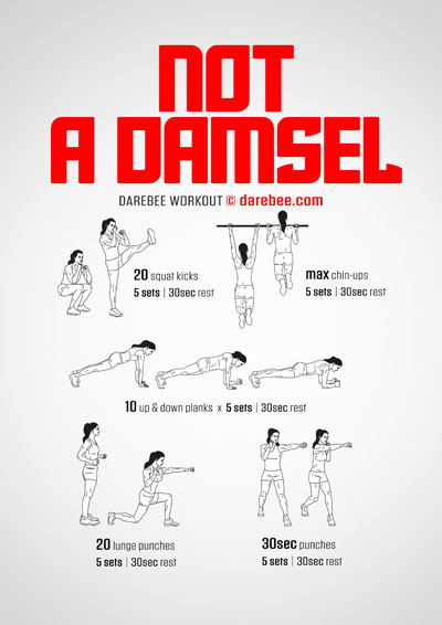 Not A Damsel is a Darebee home-fitness difficulty Level IV strength workout you can do at home.