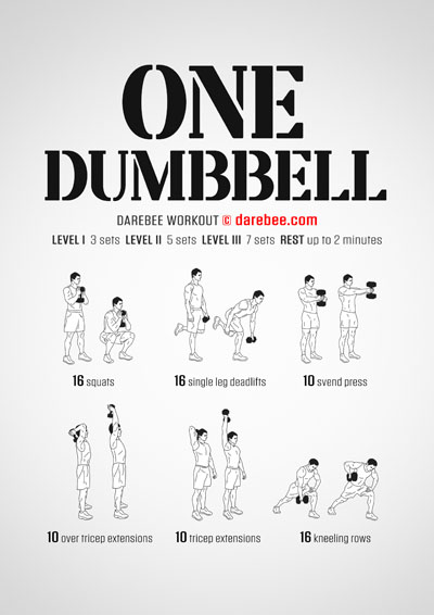 One Dumbbell is a Darebee home-fitness total body strength workout that needs next to no space to do. 