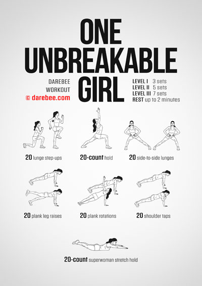 One Unbreakable Girl is a Darebee home-fitness full body strength workout that recruits virtually every major muscle group in the body and activates satellite muscle groups for a total body-strength experience.
