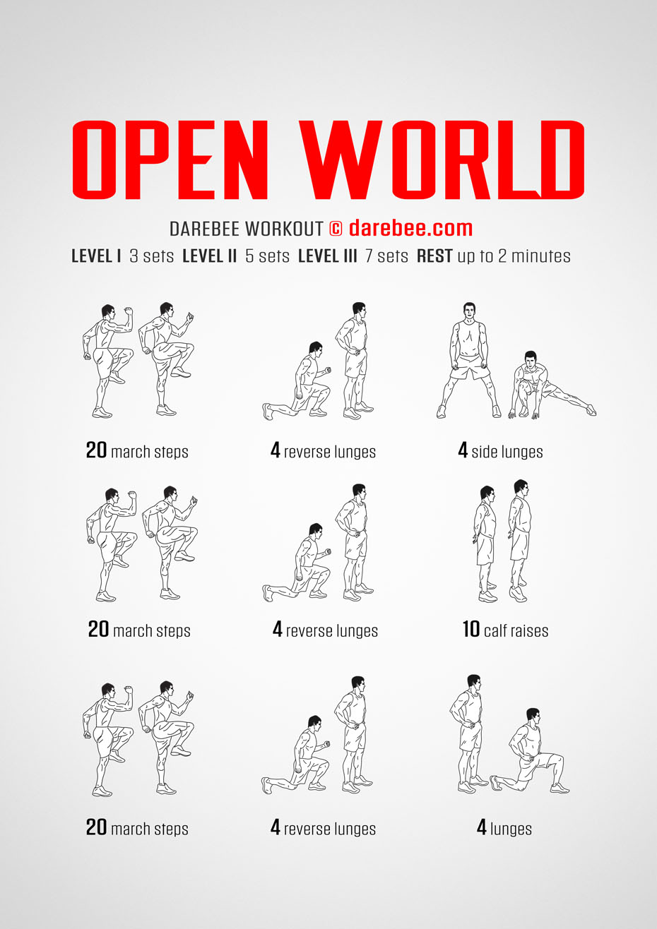 Open World is a Darebee home fitness, no-equipment workout that helps you develop strong, powerful legs. 