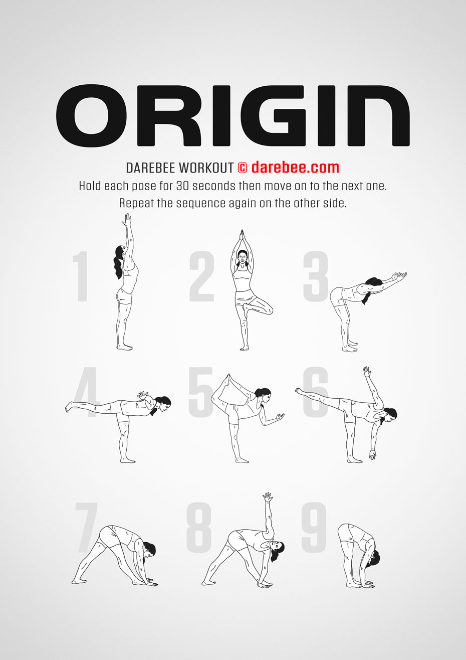 Origin is a DAREBEE no-equipment, yoga-based, total body home fitness workout that helps your mind and body rejuvenate and recover.