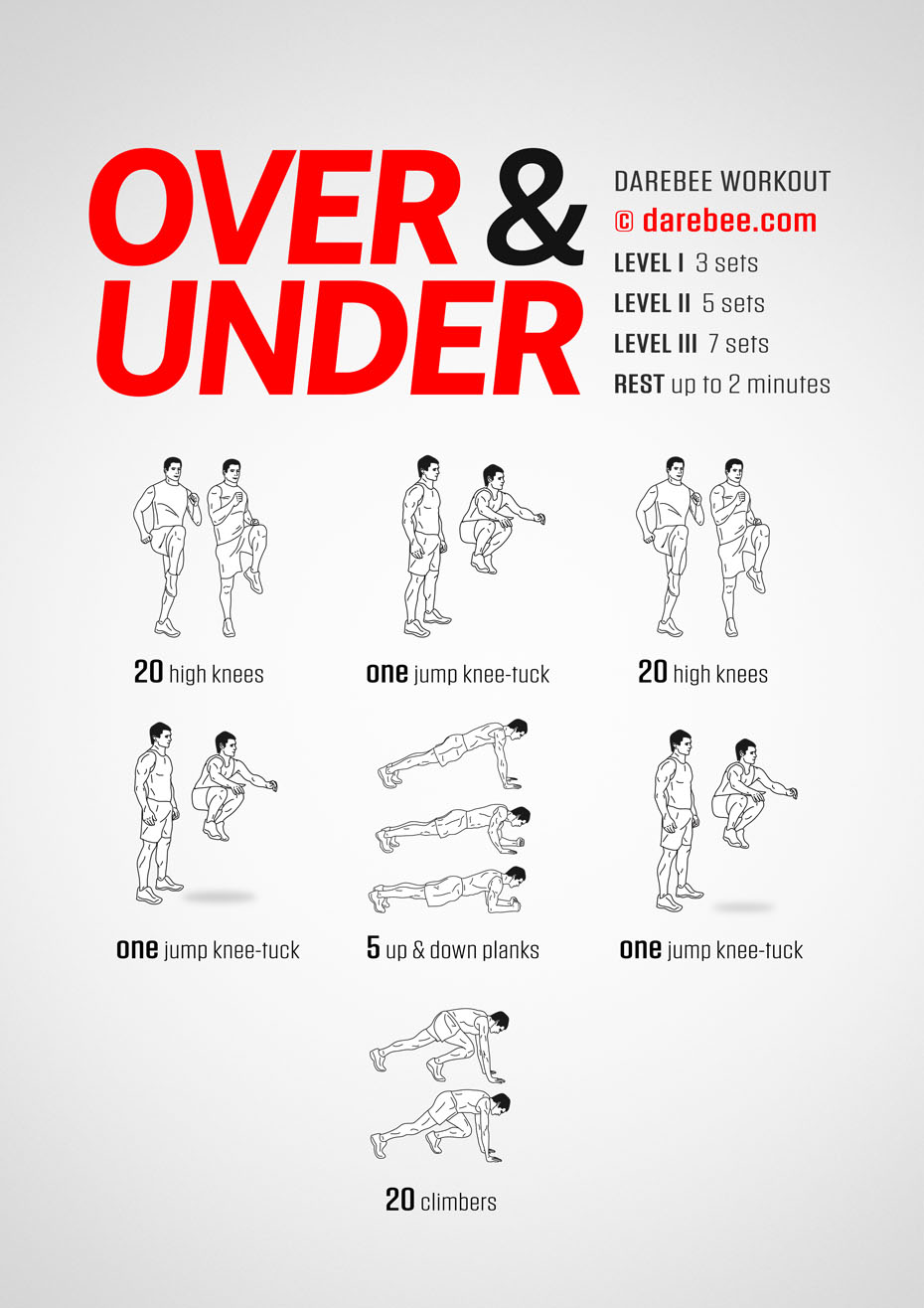 Over & Under is a high-impact fascial-fitness Darebee home-fitness workout that also activates your lungs and heart and makes your cardio system work hard.