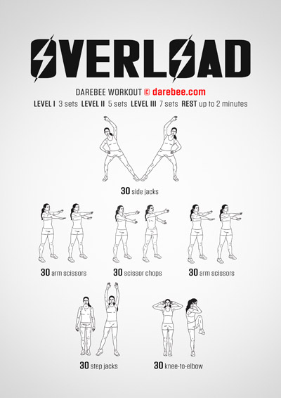 Overload is a DAREBEE no-equipment home workout that challenges your aerobic capacity and helps improve your physical conditioning.