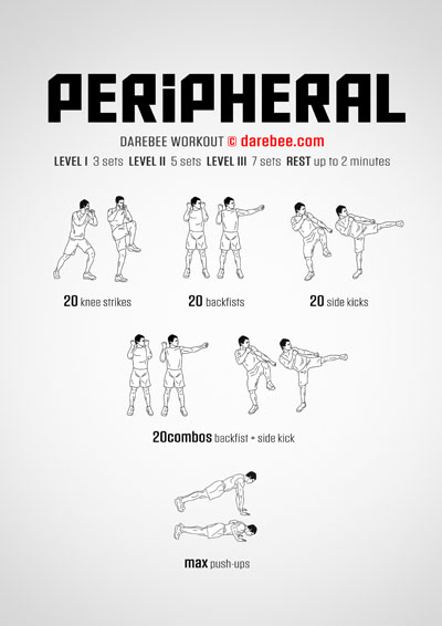 Peripheral is a Darebee home=fitness workout that helps you develop the kind of body movement, coordination and muscle control that helps you out when you need to rely on your own resources.
