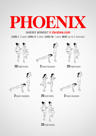 Phoenix is a Darebee home-fitness workout that will challenge your aerobic fitness, cardiovascular endurance and lower body strength.