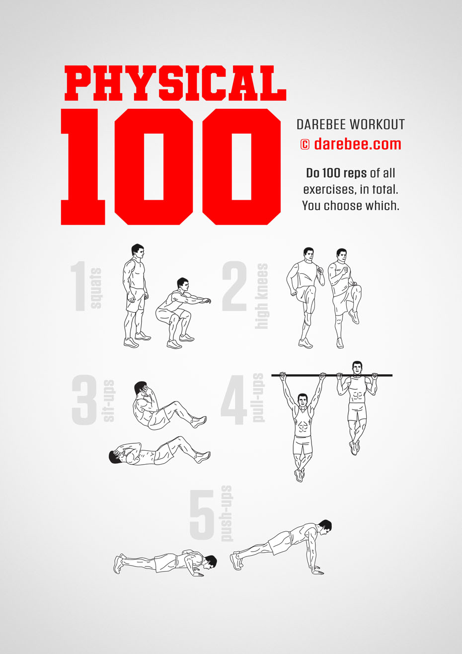 Darebee home-fitness Physical 100 is a 100-rep physical workout for total body strength. 