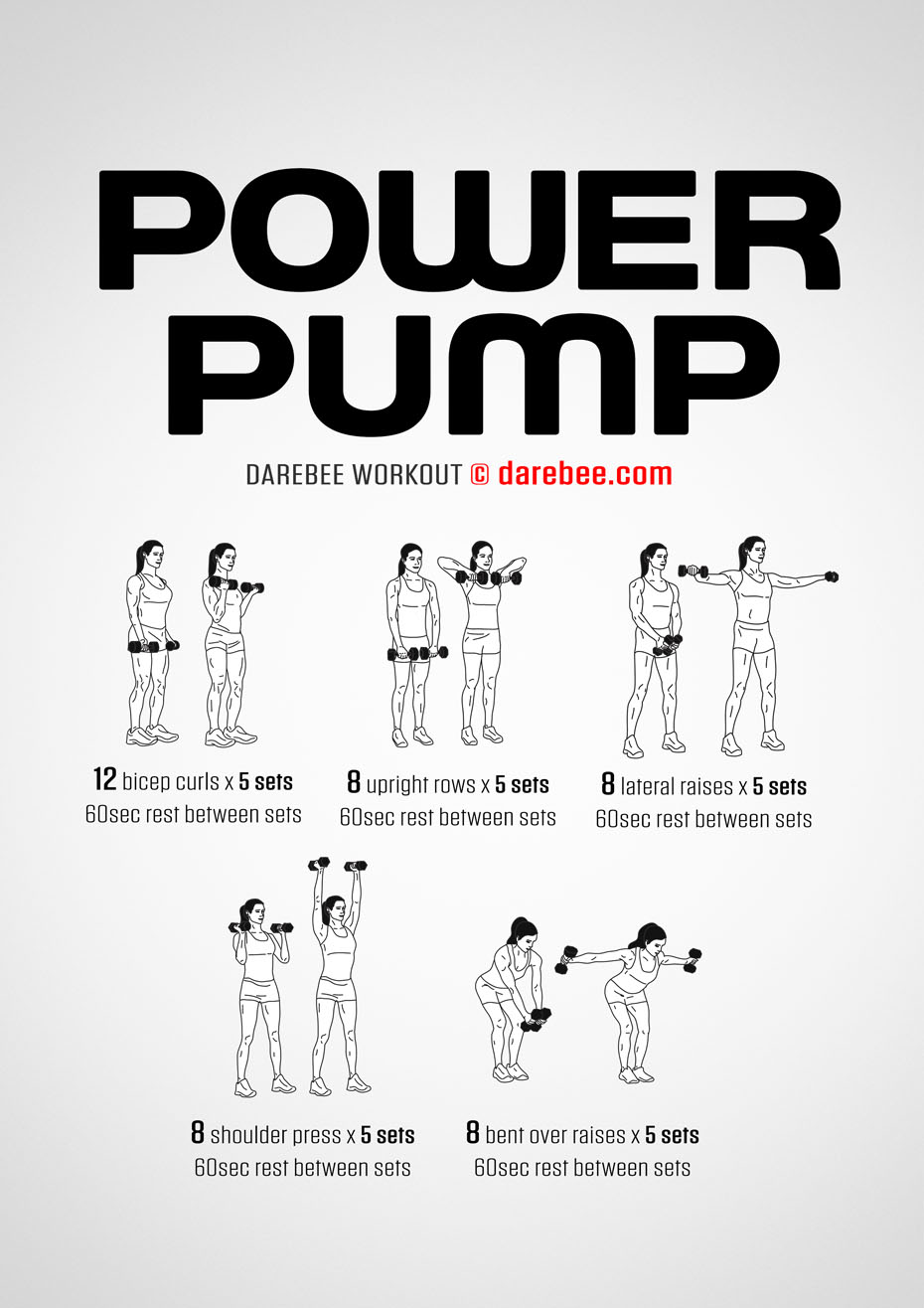 Power Pump is a Darebee home-fitness workout that helps you make excellent use of your dumbbells to build great upper body strength and muscle tone.