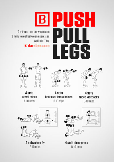 Darebee home-fitness Push, Pull, Legs for upper body and abs strength workout.