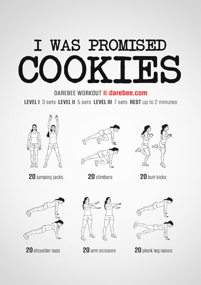 I Was Promised Cookies is a Darebee home-fitness workout that will elevate your heartbeat, raise your body temperature and make your lungs work harder.