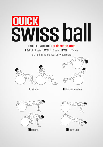 Quick Swiss Ball is a Darebee home-fitness workout that targets virtually every muscle in the body.