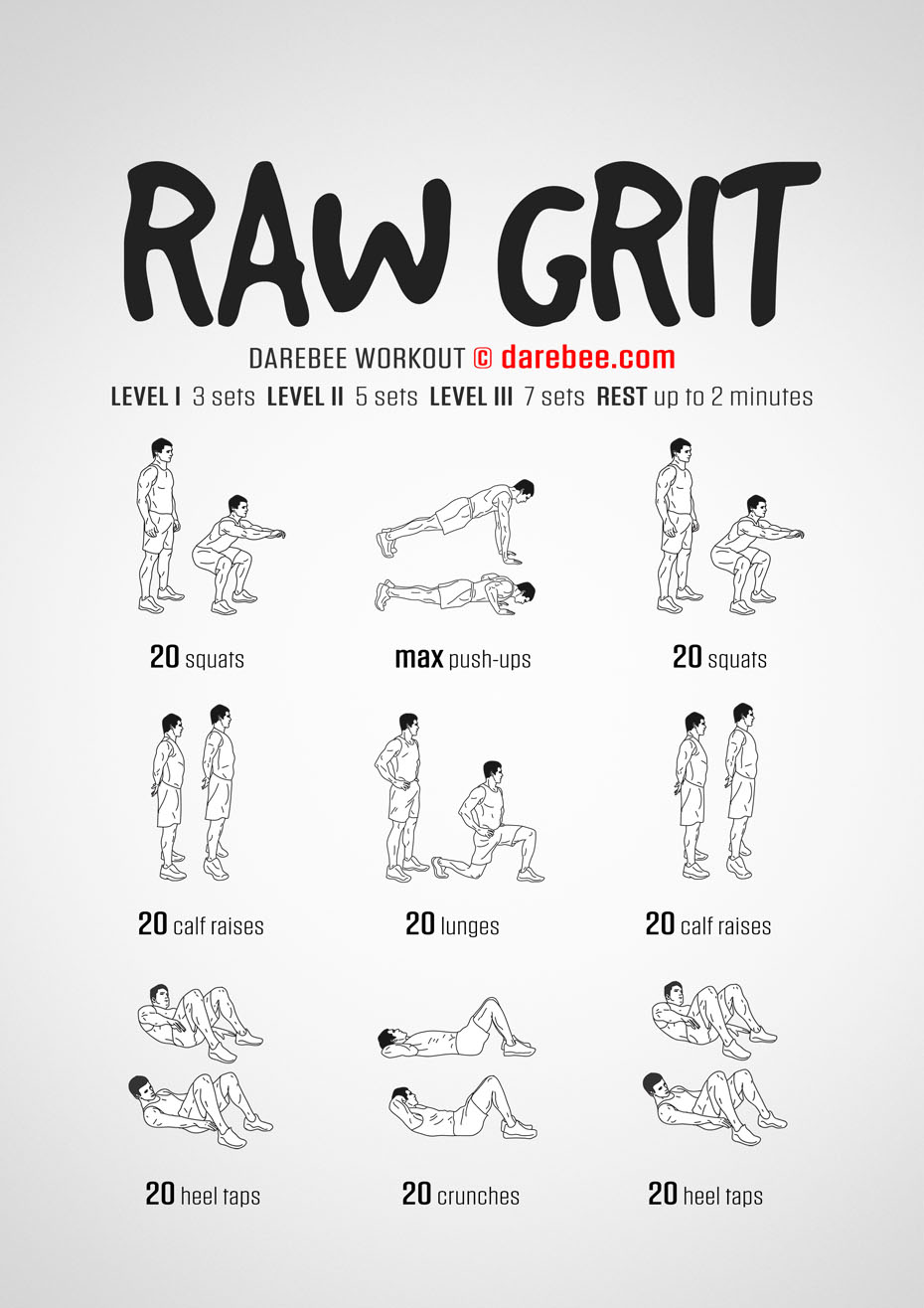 Raw Grit is a DAREBEE home fitness no-equipment strength and tone workout that targets the entire body.