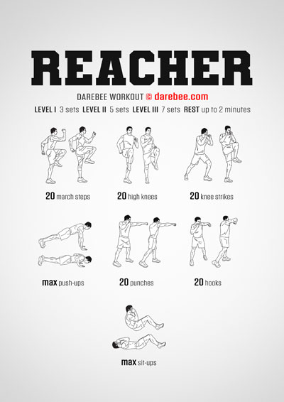 Reacher is a DAREBEE home fitness, no-equipment workout that will make you stronger, faster, more agile and more aerobically durable, using just your body's weight at home.