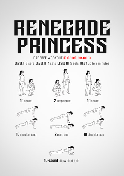 Renegade Princess is a DAREBEE no-equipment total body strength workout that helps you get stronger and feel healthier.