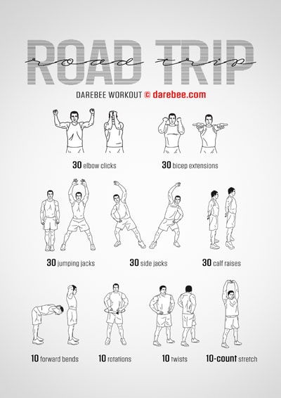 Road Trip is a DAREBEE home-fitness no-equipment workout that helps you maintain your level of fitness on long road trips.