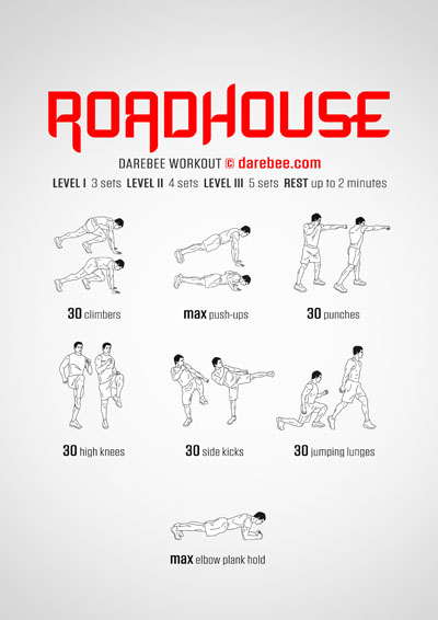 Roadhouse is a DAREBEE home fitness no-equipment combat moves based total body strength and conditioning workout.