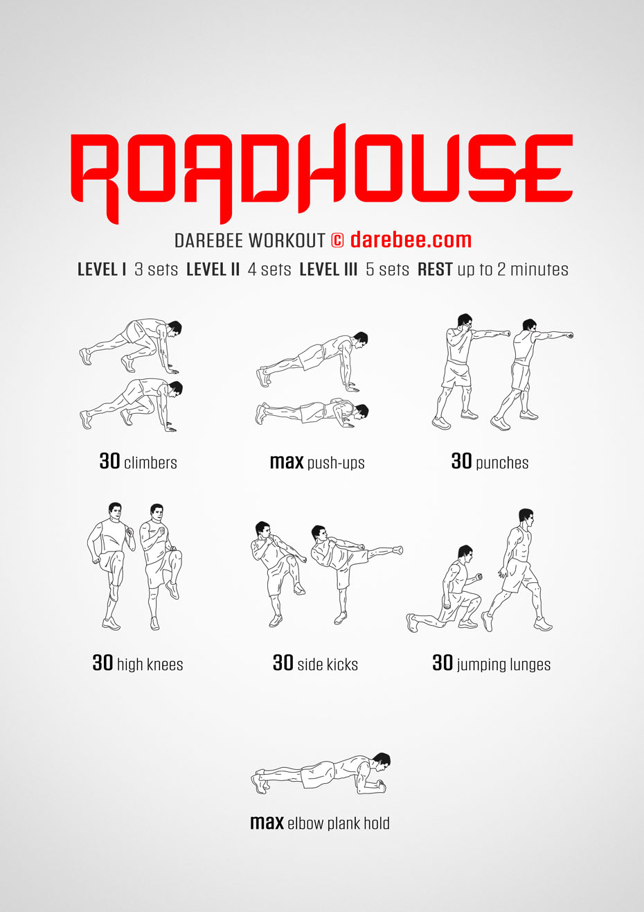 Roadhouse is a DAREBEE home fitness no-equipment combat moves based total body strength and conditioning workout.