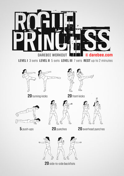 Rogue Princess is a Darebee Home Fitness combat-moves based no-equipment bodyweight workout that helps you get fitter in the comfort of your own home.