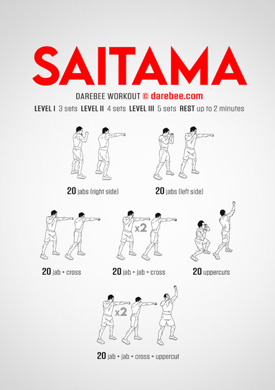 Saitama is a DAREBEE combat-moves based no-equipment upper body workout that will leave you feeling good about yourself and less tired than you anticipated.