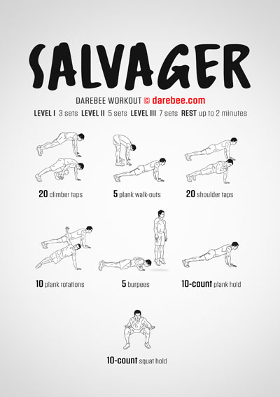 Salvager is a DAREBEE home fitness, no-equipment total body strength workout that uses bodyweight exercises to help you build strength across your entire body.