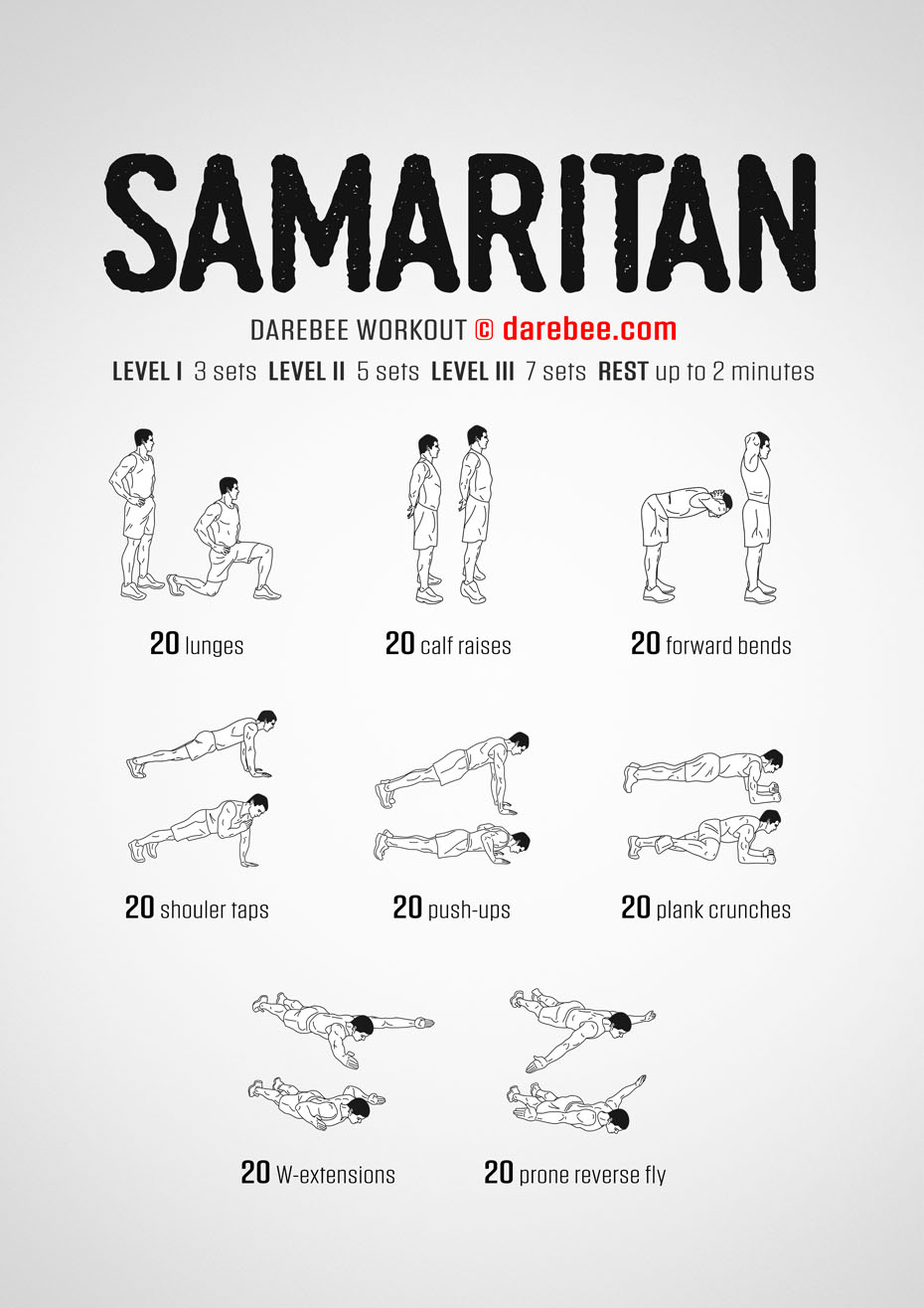 Samaritan is a Darebee home fitness full body, no-equipment strength workout.