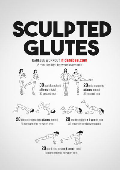 Strong glutes are used in running, kicking and lower body balance exercises and Sculpted Glutes is a Darebee home-fitness workout that makes sure yours are strong and sculpted. 