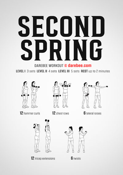 Second Spring is a Darebee home fitness dumbbells-based upper body strength-building de-aging workout you should do when you're at home.