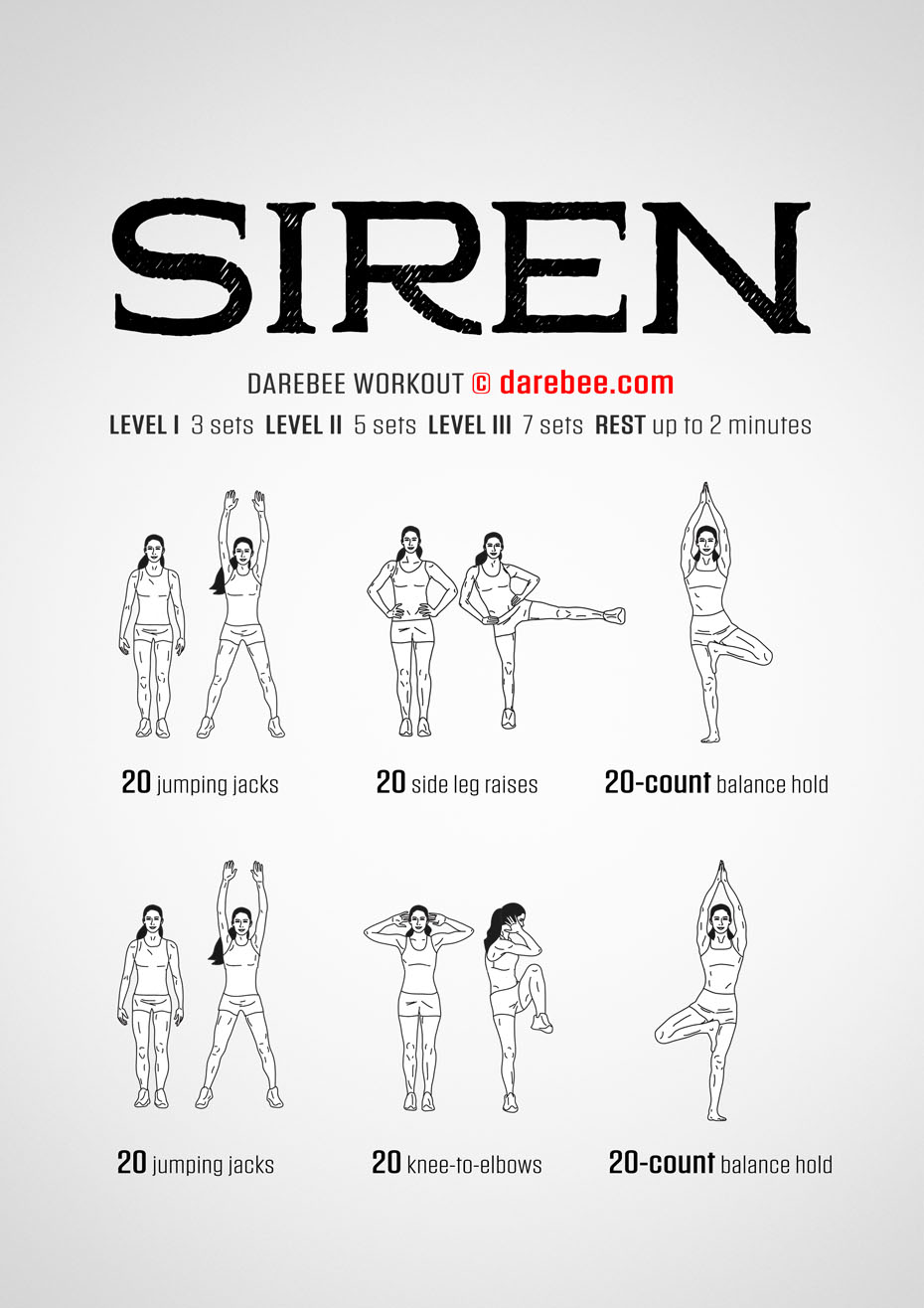 Siren is a DAREBEE home fitness, total body high burn, no-equipment aerobic and cardiovascular workout.
