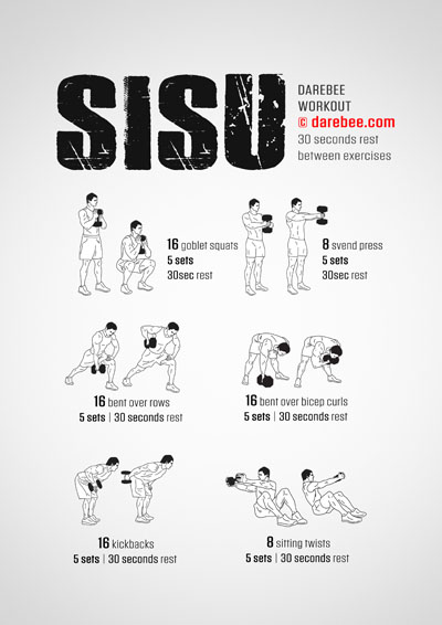 Sisu is a dumbbell-based Darebee home-fitness total body strength workout.