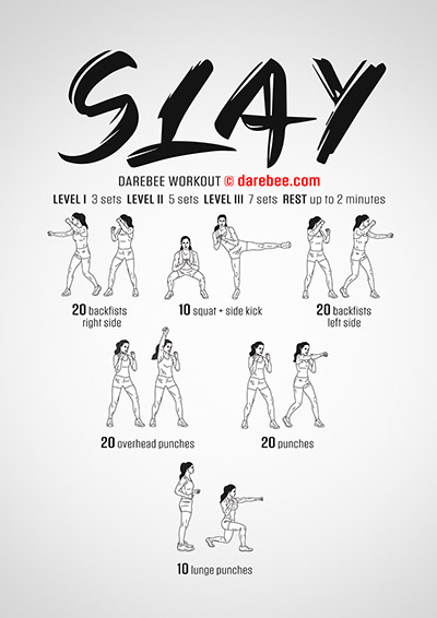 Slay is a DAREBEE home fitness no-equipment total body combat moves based home workout that hits almost all he fitness attributes you need.