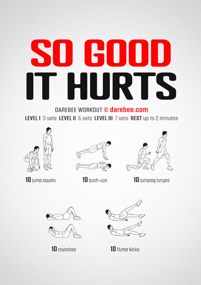 So Good It Hurts is a Darebee no-equipment bodyweight strength workout you can do at home.