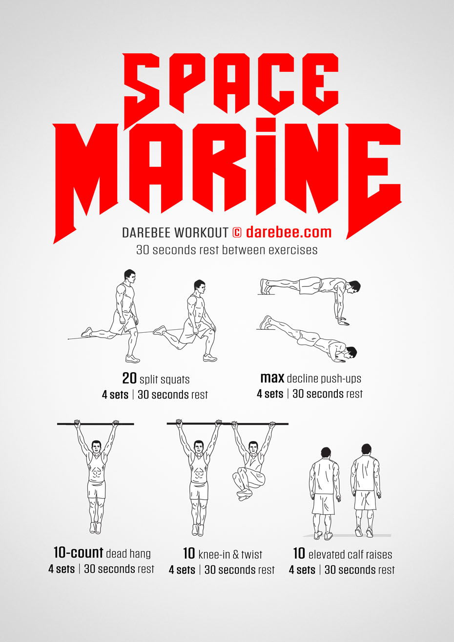 Space Marine is a Darebee home fitness, total-body strength workout that will test your strength and help you level up in your fitness.  