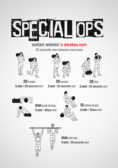 Special Ops is a difficulty Level V Darebee home-fitness total-body, strength workout you can do at home. 