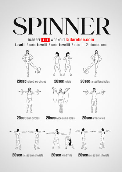 Spinner is a DAREBEE home fitness, no equipment workout that will raise your heartbeat and make your body move and elevate your mood. 