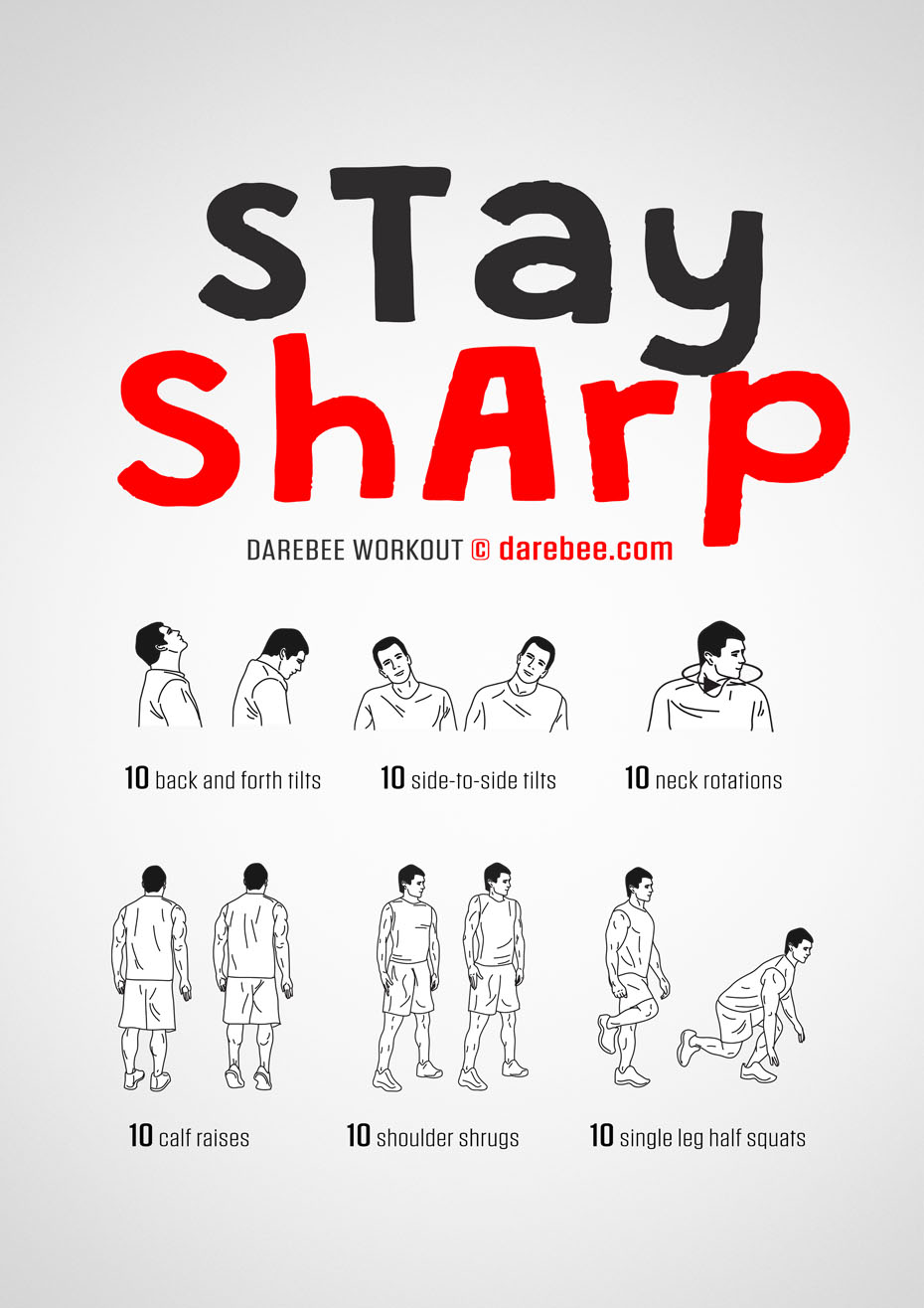 Stay Sharp is a Darebee home fitness workout designed to release the tension of the day and get your blood pumping through your body, helping you stay alert.
