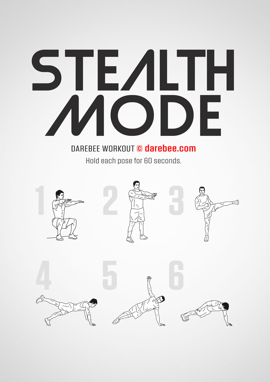 Stealth Mode is a total body Darebee fitness workout that uses a mix of isometric and isotonic exercises to work muscles and tendons that play key parts in the body's kinetic chain, thereby delivering increased power.